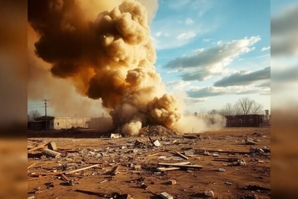 Explosion à Wilmington, débris et fumée visibles.