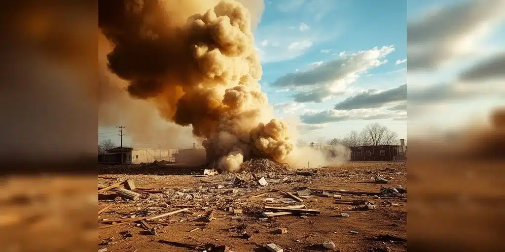 Explosion à Wilmington, débris et fumée visibles.