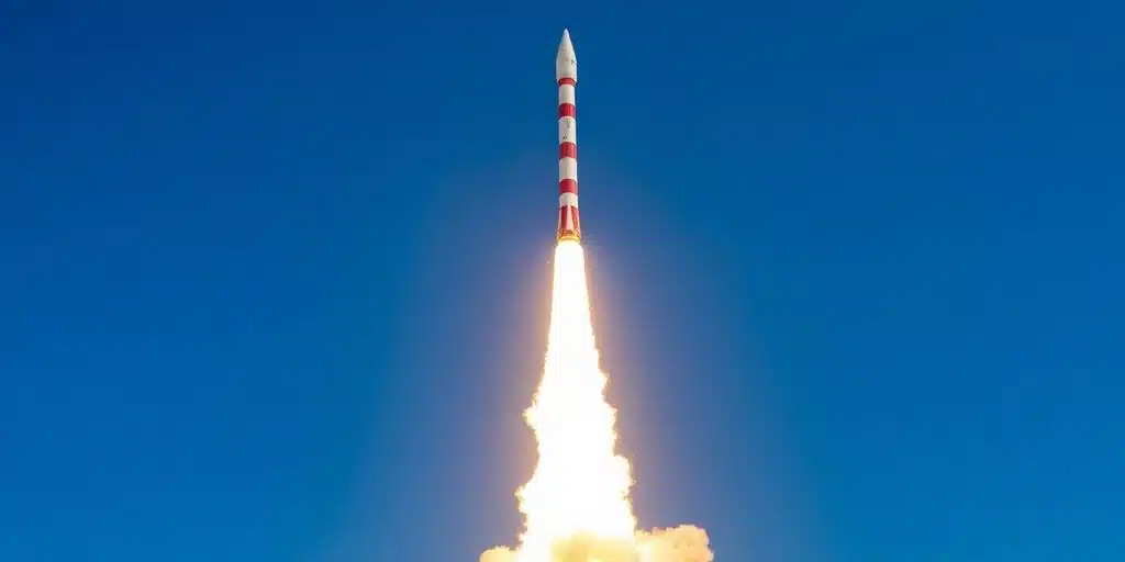 Fusée Ariane 6 s'élevant dans le ciel.