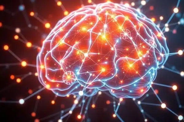 Cerveau lumineux d'IA connecté à des réseaux neuronaux complexes.
