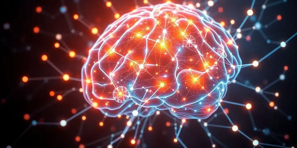 Cerveau lumineux d'IA connecté à des réseaux neuronaux complexes.