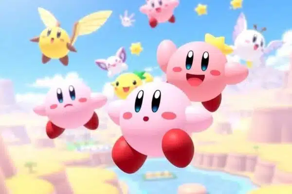 Kirby volant avec ses amis sur un fond coloré.