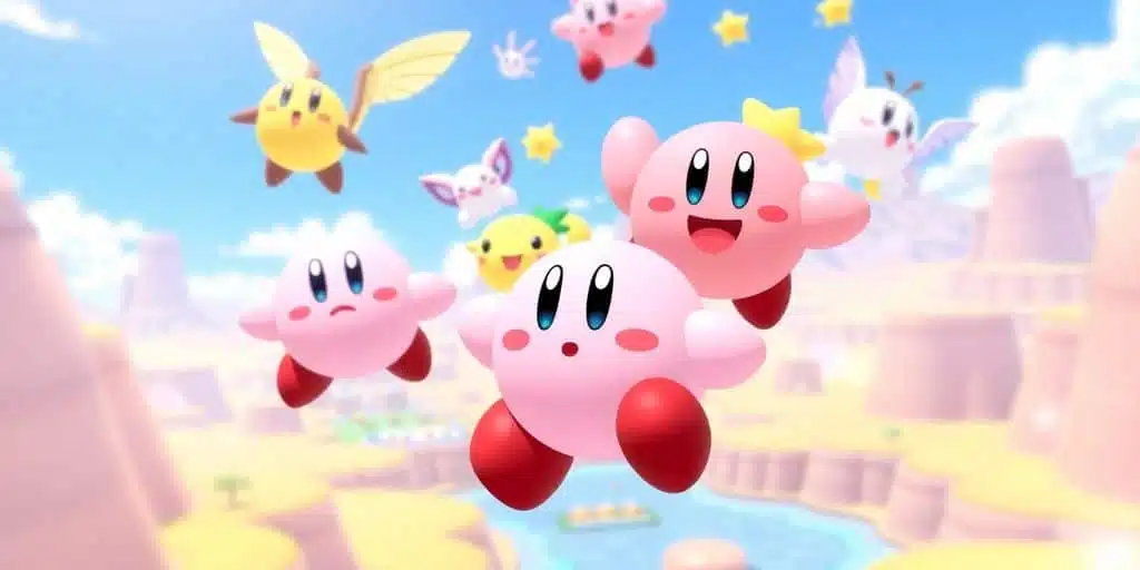 Kirby volant avec ses amis sur un fond coloré.