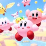 Kirby volant avec ses amis sur un fond coloré.