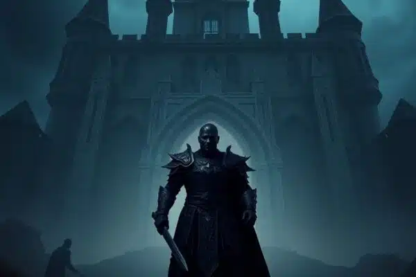 Le héros, armé, se tient devant un château sombre.
