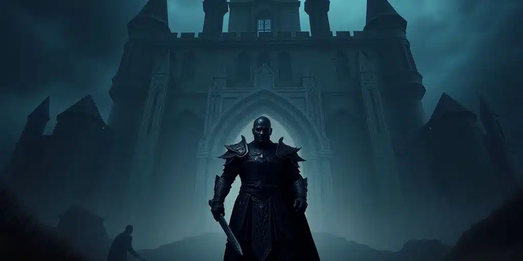 Le héros, armé, se tient devant un château sombre.