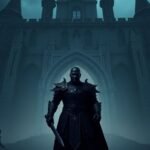 Le héros, armé, se tient devant un château sombre.