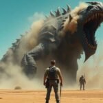Chasseur affrontant un monstre immense dans un paysage désertique.
