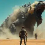 Chasseur affrontant un monstre immense dans un paysage désertique.