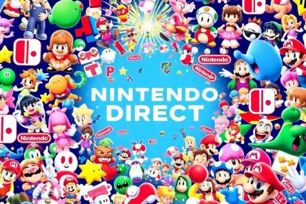 Logo Nintendo Switch avec des icônes de jeux variés.