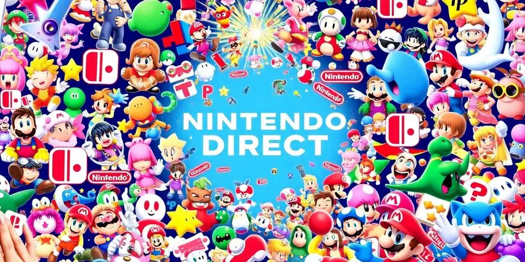 Logo Nintendo Switch avec des icônes de jeux variés.
