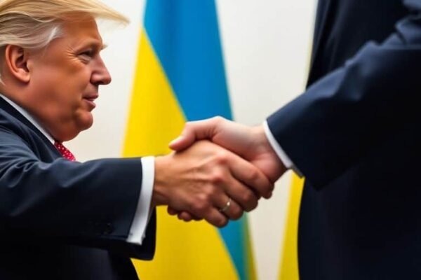 Trump et Zelensky se serrant la main devant des drapeaux.