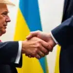 Trump et Zelensky se serrant la main devant des drapeaux.
