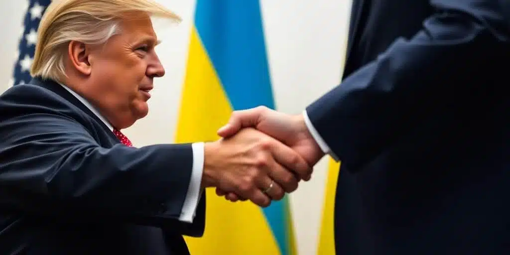 Trump et Zelensky se serrant la main devant des drapeaux.
