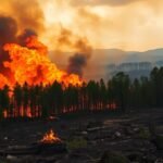 Flammes ravagent une forêt, fumée noire s'échappant.