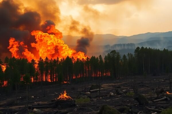 Flammes ravagent une forêt, fumée noire s'échappant.