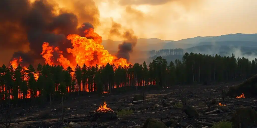 Flammes ravagent une forêt, fumée noire s'échappant.
