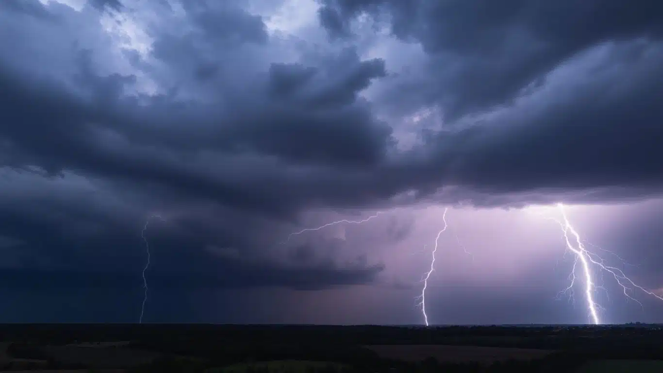 Ciel orageux avec éclairs frappant le paysage français.