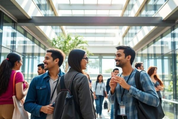 Étudiants diversifiés dans des espaces de campus lumineux et modernes.