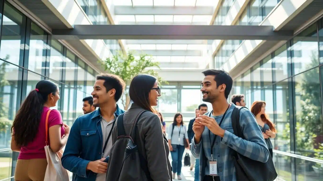 Étudiants diversifiés dans des espaces de campus lumineux et modernes.