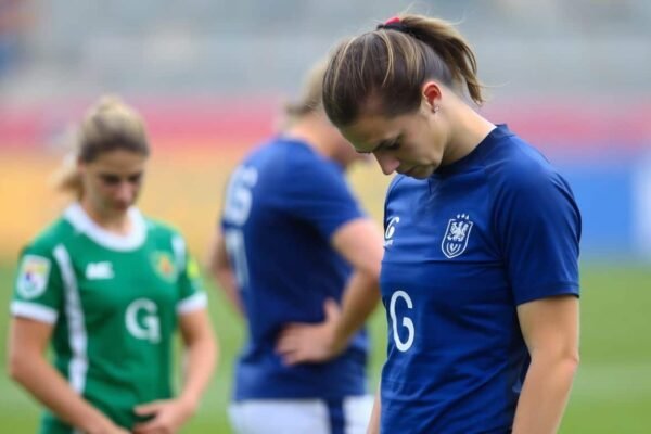 Joueuses de rugby françaises dépitées sur le terrain.