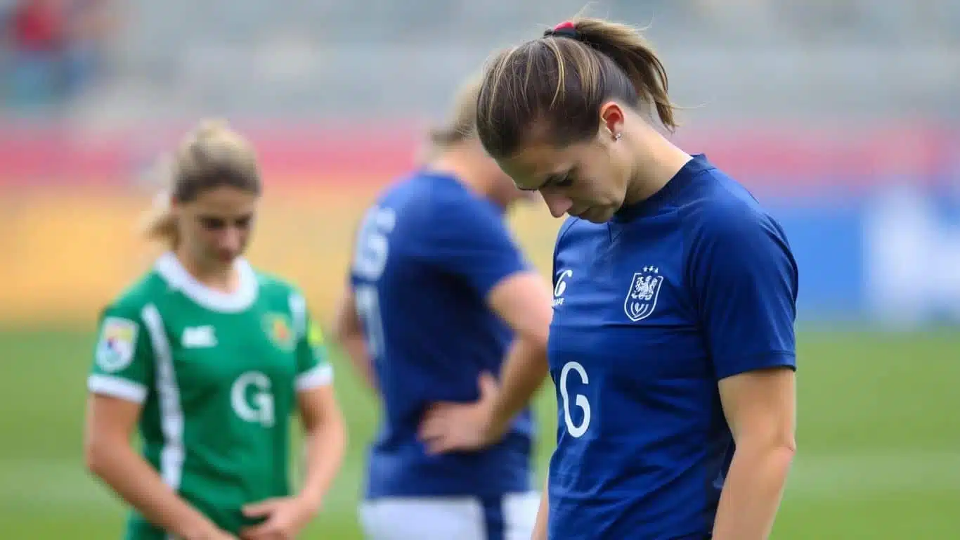 Joueuses de rugby françaises dépitées sur le terrain.