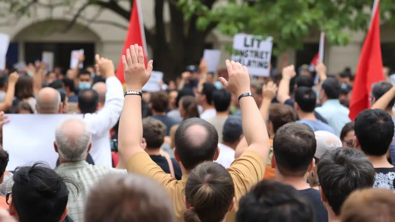 Foule de personnes rassemblées en extérieur.