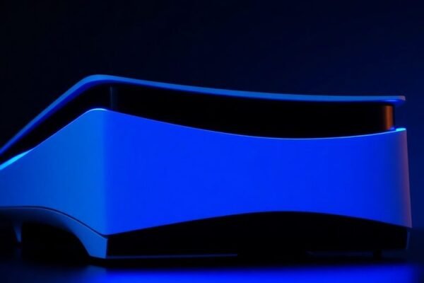 Console PS5 futuriste avec éclairage bleu vif.