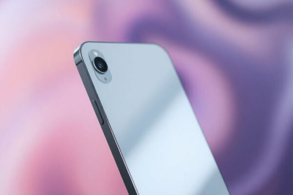 iPhone 17 futuriste avec boîtier métallique brillant.