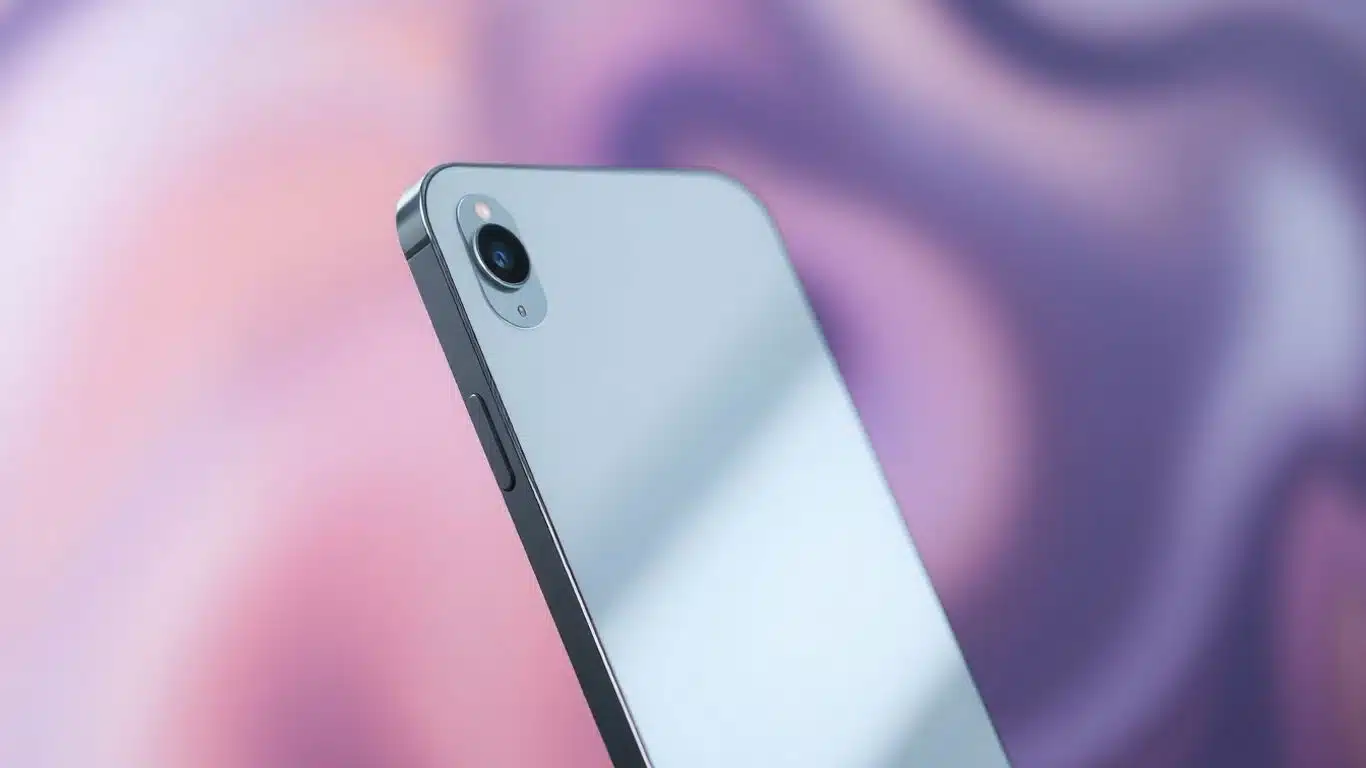 iPhone 17 futuriste avec boîtier métallique brillant.