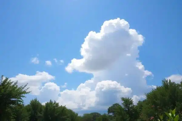 Ciel bleu avec des nuages blancs et des arbres verts.