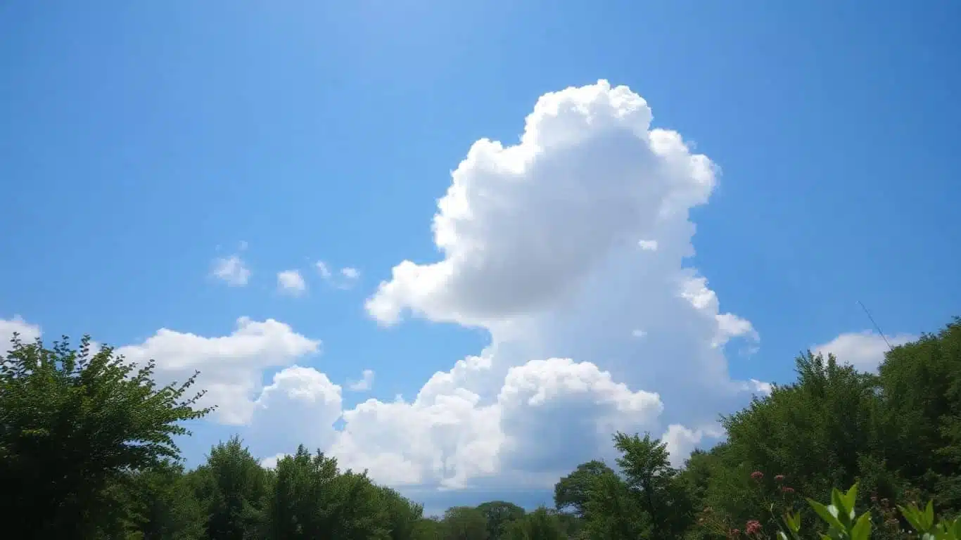 Ciel bleu avec des nuages blancs et des arbres verts.
