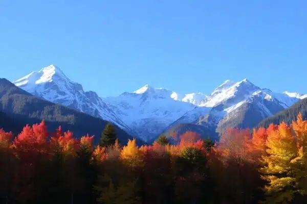 Paysage d'automne avec neige en altitude et ciel bleu.