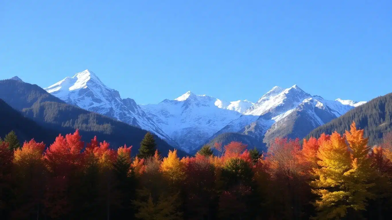 Paysage d'automne avec neige en altitude et ciel bleu.