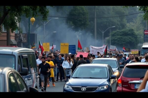 Manifestation dans la rue avec une foule et des véhicules arrêtés.