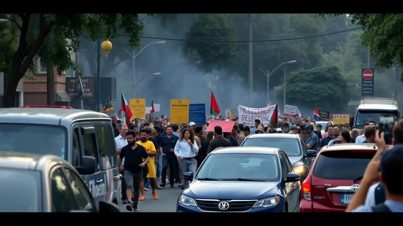 Manifestation dans la rue avec une foule et des véhicules arrêtés.