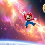 Mario volant dans une galaxie étoilée.