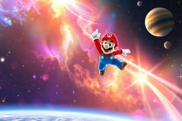 Mario volant dans une galaxie étoilée.