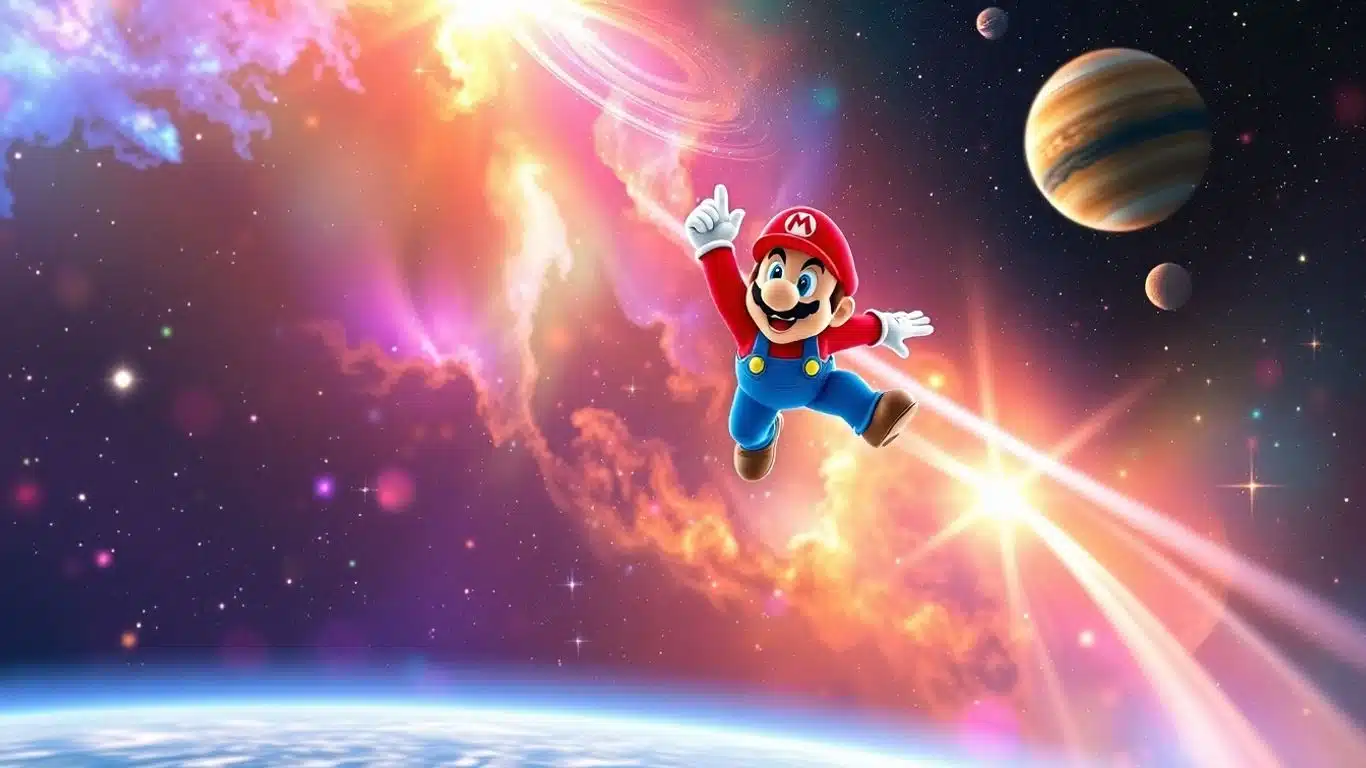 Mario volant dans une galaxie étoilée.