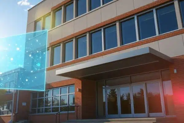 PRONOTE : Le Premier Logiciel de Vie Scolaire Révolutionne Votre Établissement Bâtiment scolaire moderne avec interface numérique lumineuse.