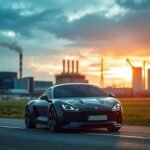 Voiture Stellantis devant une usine, ciel dramatique.