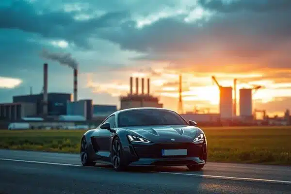 Voiture Stellantis devant une usine, ciel dramatique.