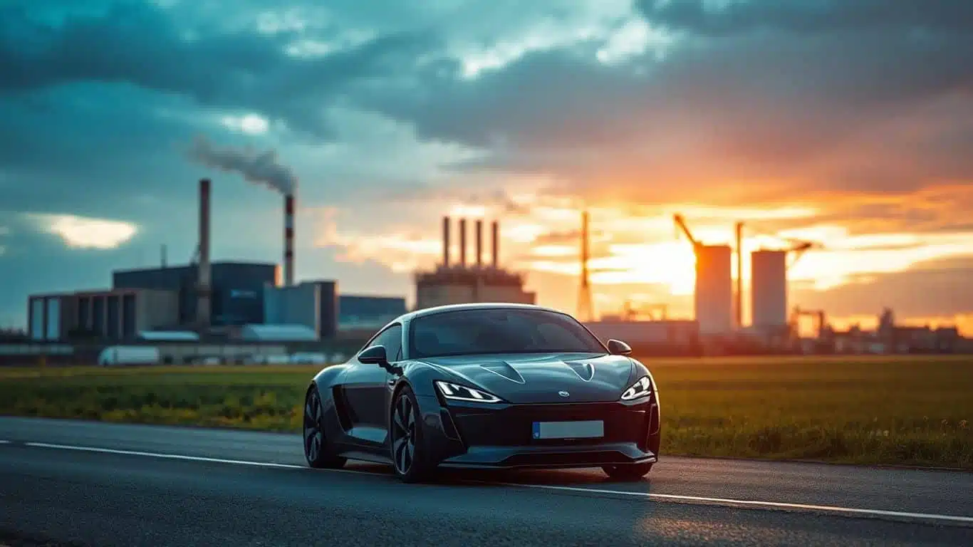 Voiture Stellantis devant une usine, ciel dramatique.