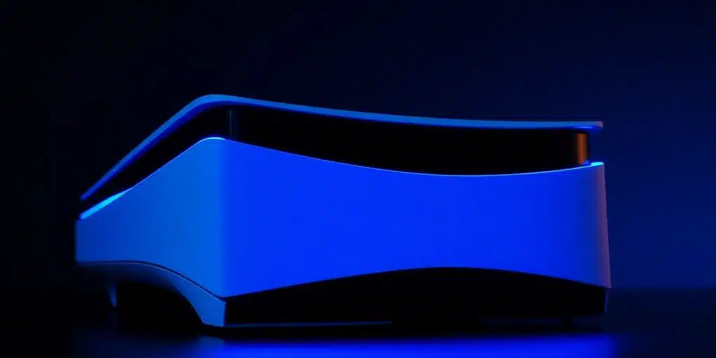 Console PS5 futuriste avec éclairage bleu vif.