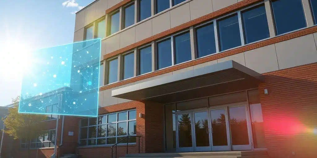Bâtiment scolaire moderne avec interface numérique lumineuse.