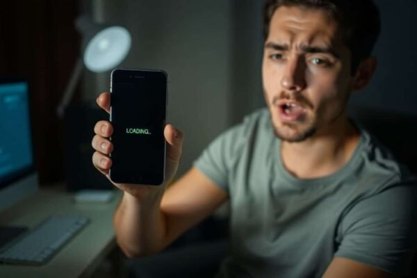 Person contrarié tenant un smartphone bloqué devant un ordinateur.