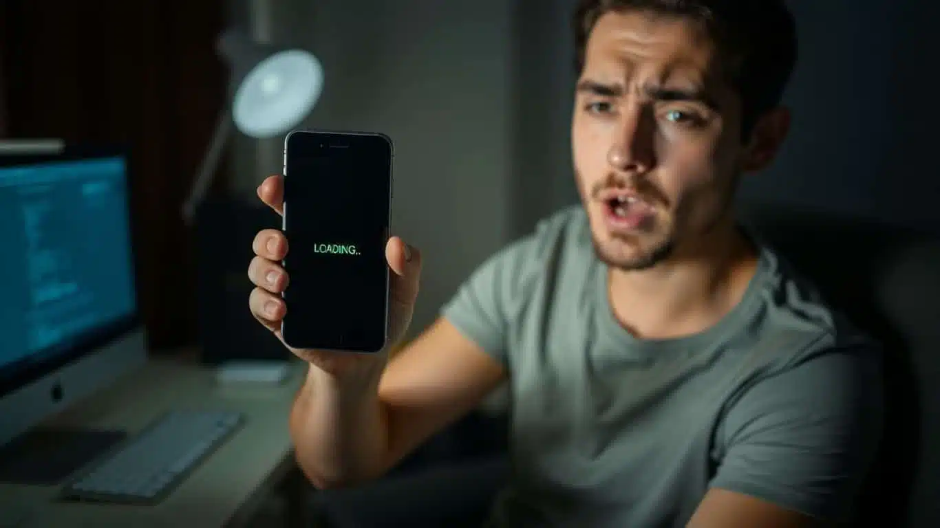 Person contrarié tenant un smartphone bloqué devant un ordinateur.