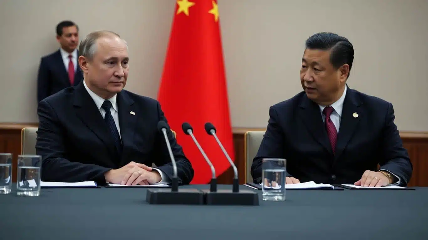 Poutine et Xi Jinping discutent discrètement autour d'une table.