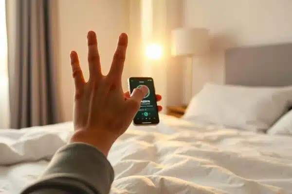 Person arrête l'alarme iPhone au réveil dans la chambre.