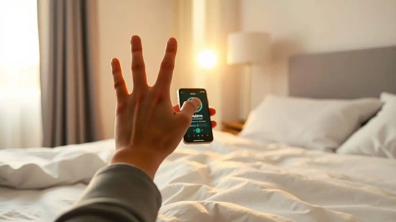 Person arrête l'alarme iPhone au réveil dans la chambre.